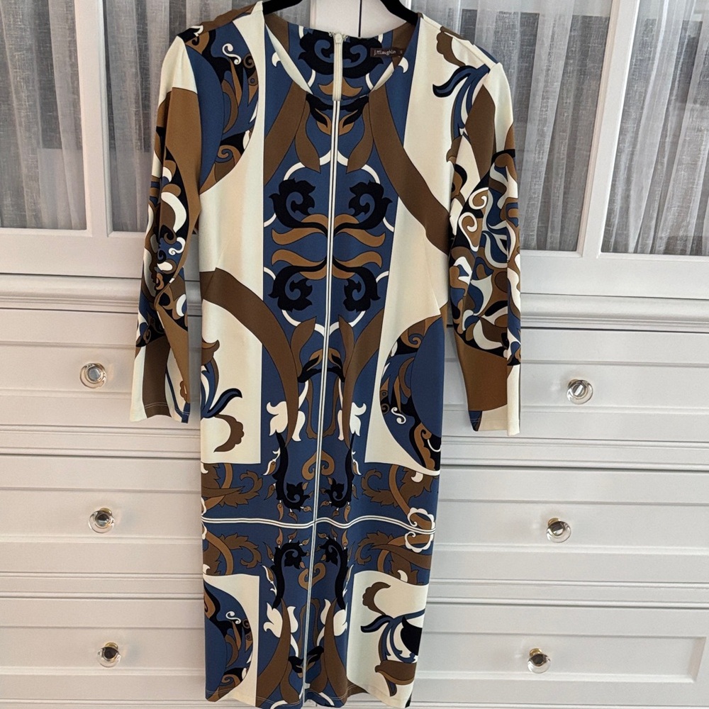 J. McLaughlin Blue and Brown Geometric Dress, 3/4 Length Sleeves.